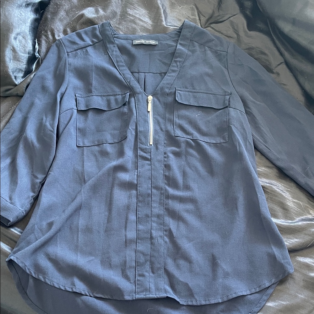 Chic Navy V-Neck Blouse with Zipper
